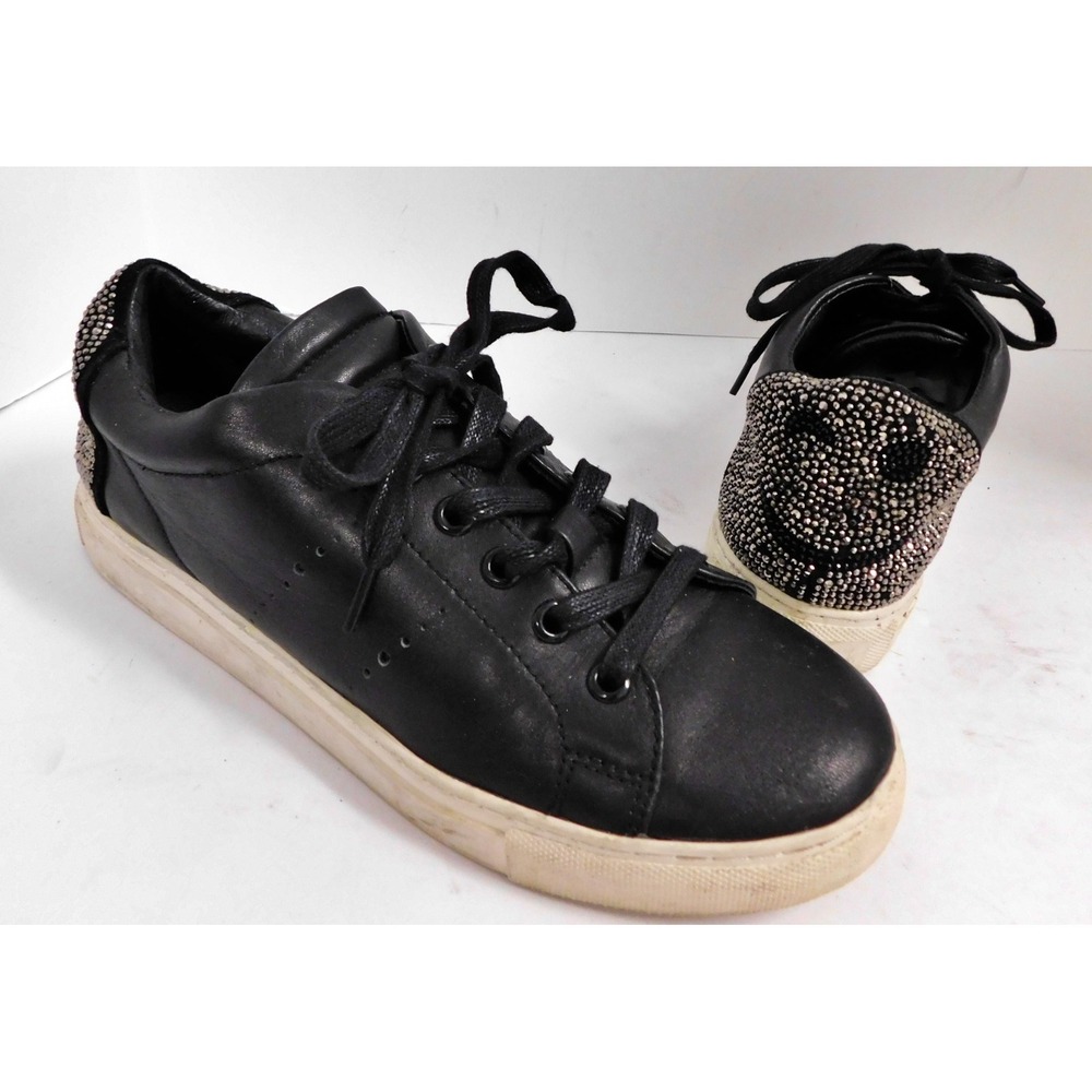 Lola Cruz Anthropologie Rhinestone Wink Smiley Face Black Leather Sneakers sz 38
